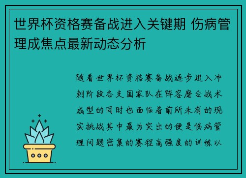 世界杯资格赛备战进入关键期 伤病管理成焦点最新动态分析